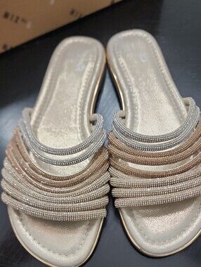 Mix No. 6 Champagne and Silver Rhinestone Slide Mules 9M